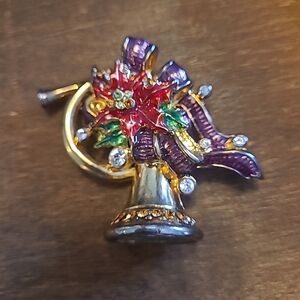 Festive Horn Brooch with Red and Purple Accents